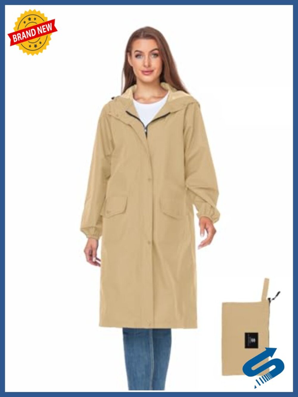 Women's Waterproof Packable Rain Jacket Long Knee Length Lightweight